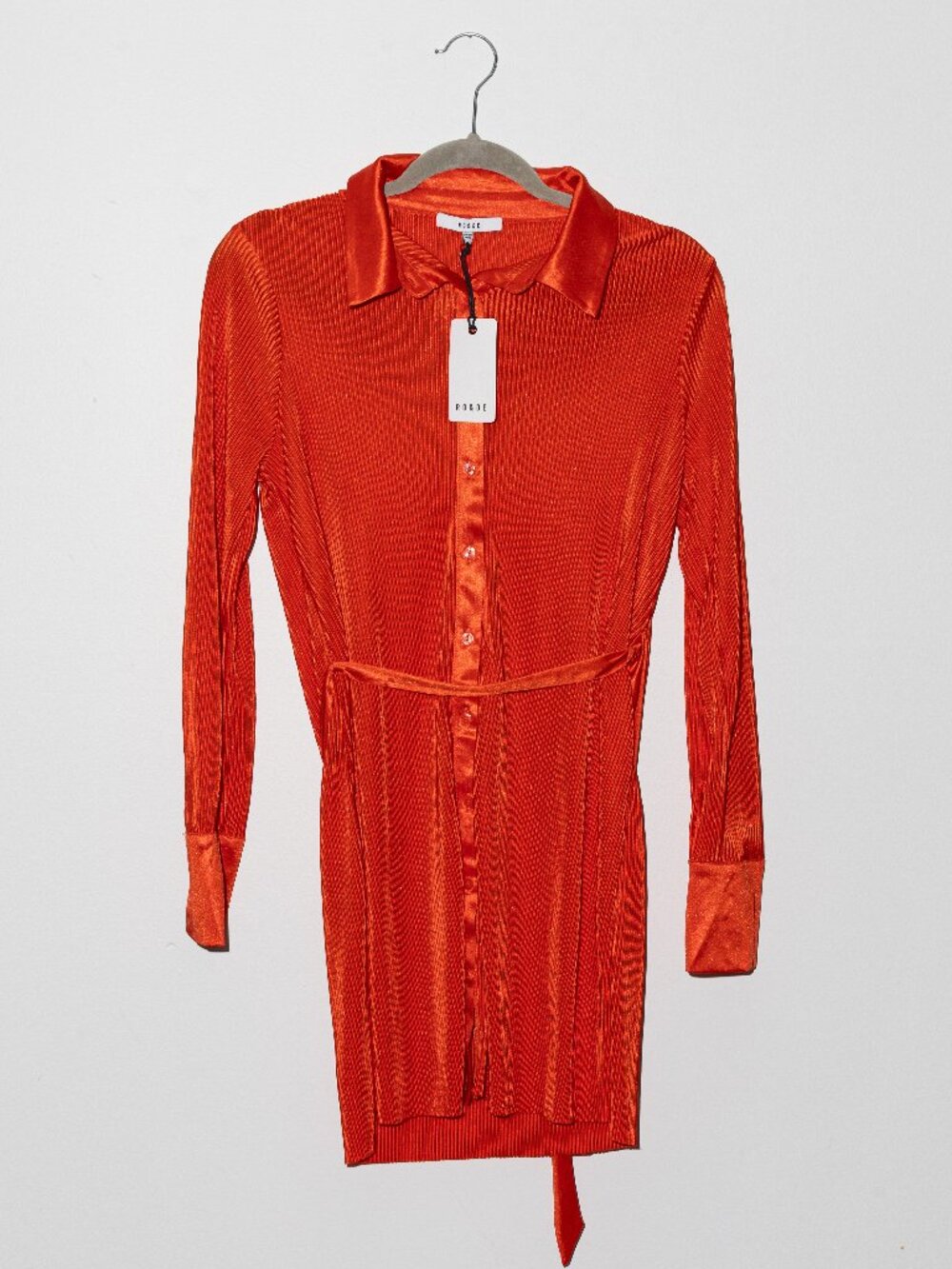 RO & DE Pleated Button-Down Mini Shirt Dress Red Orange Plissé